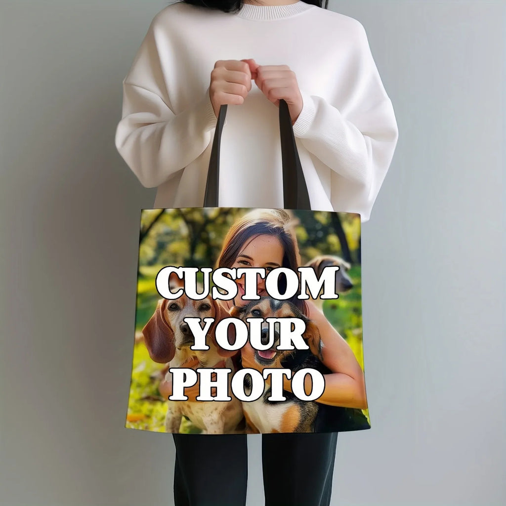 Custom Photo Tote Bag Personalized Reusable Grocery Shopping Shoulder Bag with Foldable Design Polyester Storage Pouch