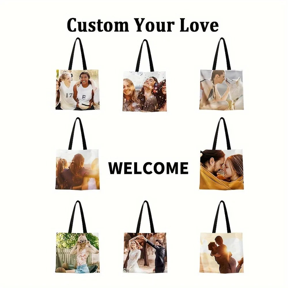 Custom Photo Tote Bag Personalized Reusable Grocery Shopping Shoulder Bag with Foldable Design Polyester Storage Pouch