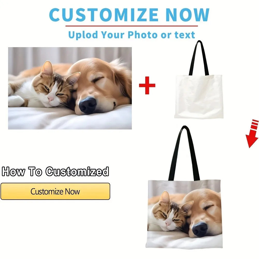 Custom Photo Tote Bag Personalized Reusable Grocery Shopping Shoulder Bag with Foldable Design Polyester Storage Pouch